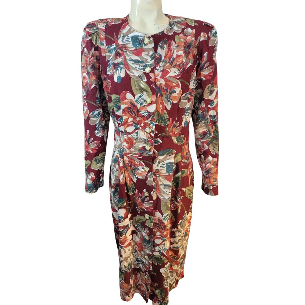 Vintage Special Effects Floral Long Sleeve Button‎ Down Dress Women's 14